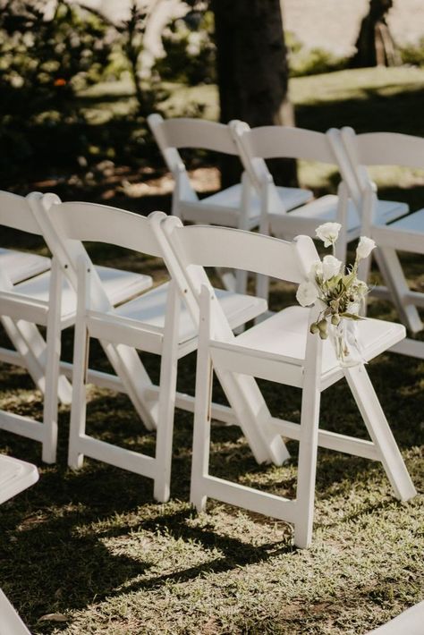 Classic White folding ceremony chairs White Chairs Wedding, Rebecca Chan, Ojai Valley Inn And Spa, Wedding Ceremony Chairs, Modern And Rustic Decor, Ojai Valley Inn, White Folding Chairs, Campground Wedding, Ojai Wedding