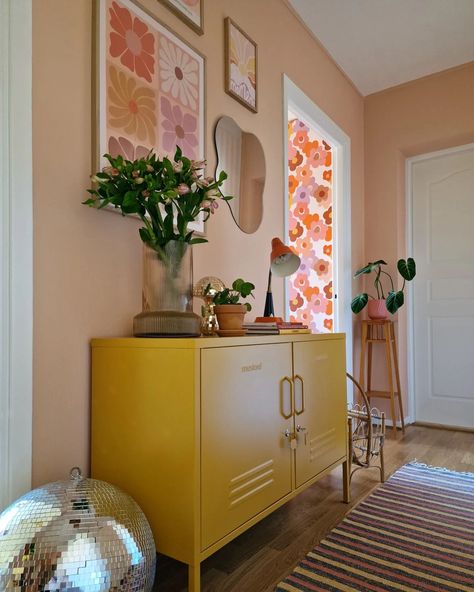 Mustard Made Locker, Narrow Hallway Decor, Colourful Eclectic, Storage Hallway, Colorful Apartment, Pc Setups, Rental Apartment, Hallway Designs, Pinch Me