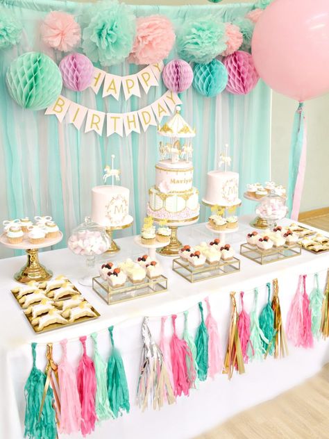 Pink, Mint and Gold Carousel Cake Dessert Table Birthday Party Cherie Kelly London Dessert Table Birthday Party, Cake Table Decorations Birthday, Cakes Decor, Birthday Party Table Decorations, Dessert Table Birthday, Cake Table Birthday, Carousel Cake, Birthday Table Decorations, Cake Table Decorations