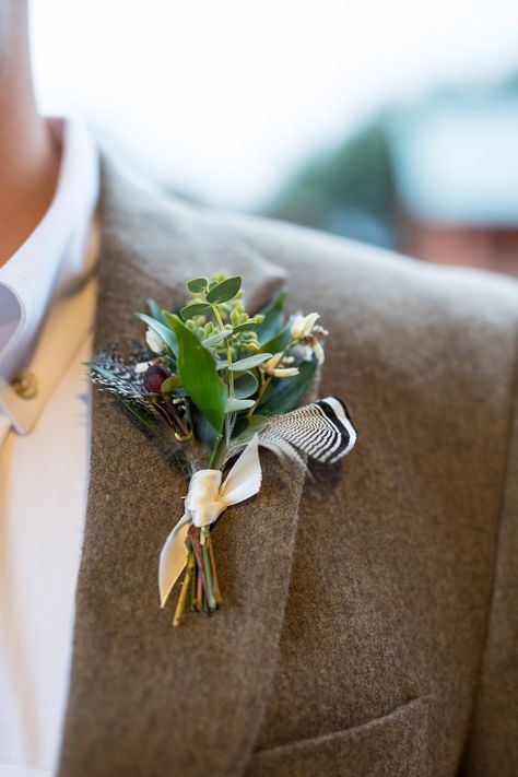 Subtle Duck Feather Boutineer Boutineers With Feathers, Feather Boutineer Groomsmen, Duck Feather Wedding, Boutineer With Duck Feather, Duck Centerpieces Wedding, Turkey Feather Boutineer, Feather Boutineer, Turkey Feather Wedding Bouquet, Duck Feather Boutonniere