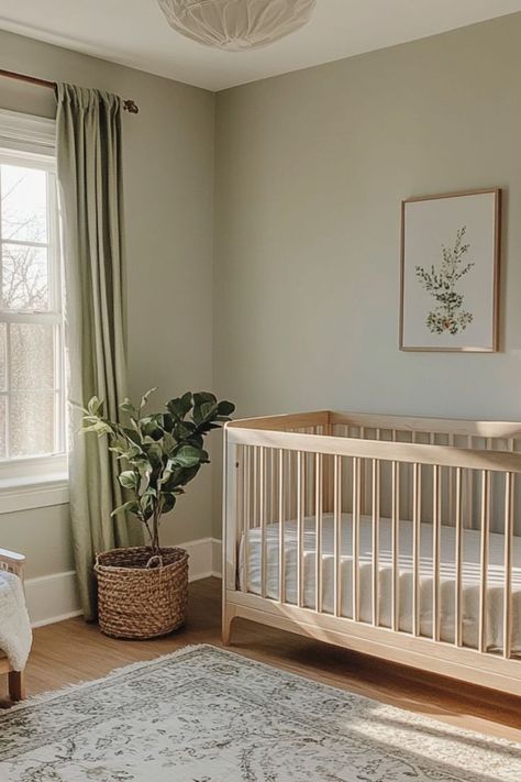 A calming nursery featuring a mix of beige and cream tones. The room includes a cream-colored crib, beige curtains, and a plush rug. The walls are a soft, neutral shade, and the space feels warm and welcoming with soft natural light. Nursery Colours Neutral, Soothing Nursery Ideas, Walnut Nursery Decor, Neutral Nursery Minimalist, Neutral Sage Green Nursery, Master And Nursery Shared, Eucalyptus Nursery Decor, Nursery Room Gender Neutral, Nursery Ideas Earth Tones