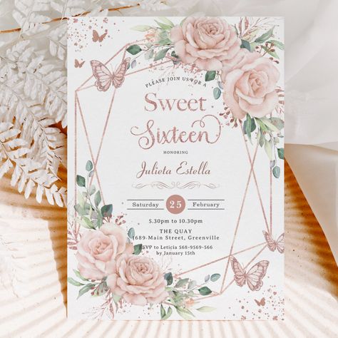 Gold Sweet 16, Pink Sweet 16, Sweet Sixteen Birthday Party Ideas, Blush Pink Roses, Butterfly Invitations, Rose Gold Butterfly, 16th Birthday Invitations, Sweet Sixteen Invitations, Soft Watercolor