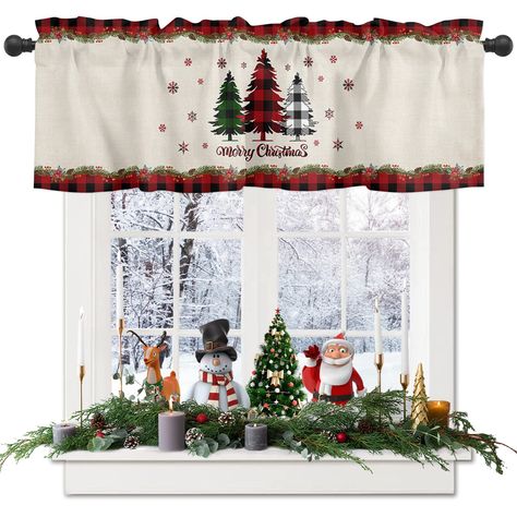 Christmas Valance for Windows Pine Tree Holly Window Toppers Valances Rod Pocket 1 Panel Snowflake Xmas Buffalo Plaid Check Window Treatments for Kitchen Bathroom Bedroom 54 x 18 inch Christmas Kitchen Curtains, Upper Window, Valances For Windows, Christmas Valances, Curtain Valances, Window Toppers, Small Curtains, Decorative Curtain Rods, Room Studio