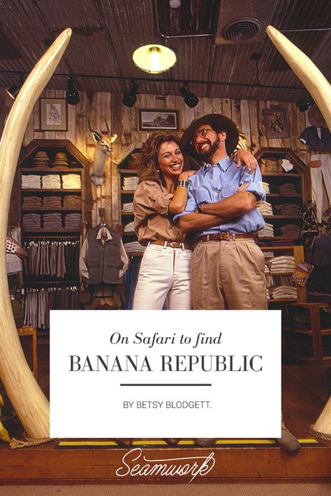 Banana Republic was a creation of a writer and an artist,” Mel explains. “We considered the business theater as much as retail. Everything we did, everything we said, everything we made and sold was an offspring of our narrative as curious travelers and cultural adventurers poking around the world, looking in unexplored places for design inspirations, stories, and unusual finds.” Old Money Safari, Jungle Adventure Outfit, Vintage Banana Republic, Out Of Africa Style, Cruise Vibes, Illustrated Words, Vintage Safari, Jungle Cruise, Safari Chic