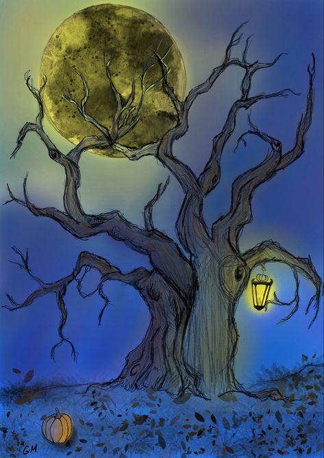 #art #drawing #tree #halloween #fall #halloweendrawing #dark #spooky #nightdrawing Creepy Trees Drawing, Spooky Woods Tattoo, Halloween Tree Painting, Spooky Moon Drawing, Horror Tree Drawing, Dark Tree Drawing, Haunted Tree Drawing, Spooky Tree Painting, Poison Tree Drawing