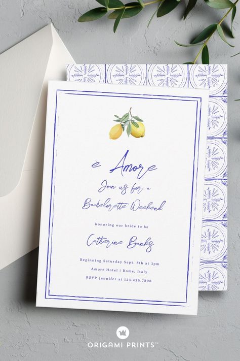 Italian Bachelorette, Italian Bridal Showers, Italian Wedding Invitations, Lemon Invitations, Branch Illustration, Italian Inspired Wedding, Garden Party Invitations, Bachelorette Party Destinations, Summer Invitation