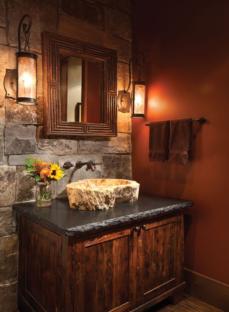 Hunting Lodge Bathroom, Bathroom Stone Wall, Rustic Cabin Bathroom, Leaf Bathroom, Cabin Inside, Lodge Bathroom, Sink Light, Granite Bathroom Countertops, Bathroom Stone