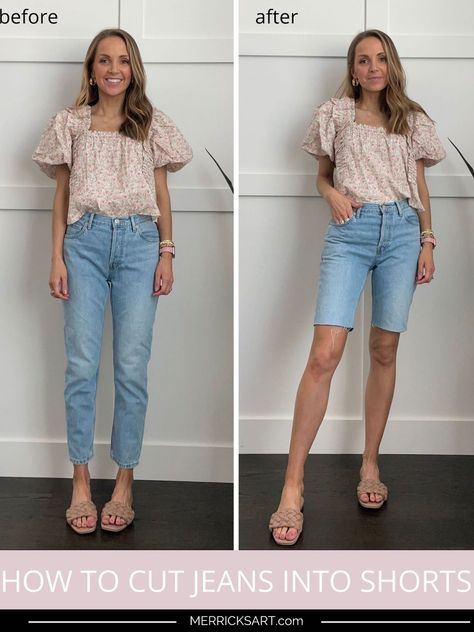 Making Jeans Into Shorts, Distress Shorts Diy, Jeans To Shorts Diy Tutorials, How To Make Cut Off Jean Shorts, Diy Denim Shorts From Jeans, Diy Jean Shorts From Jeans, How To Cut Off Jeans Into Shorts, How To Cut Pants Into Shorts, How To Fray Jean Shorts