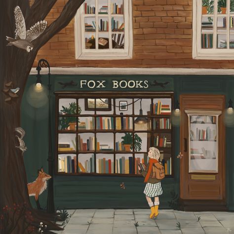 Umění — Fox In Woodland Art Fox, Inspirational Illustration, Shop Illustration, Book Shop, Pretty Drawings, Cozy Mysteries, Inkjet Printing, Dreamy Art, Book Nooks