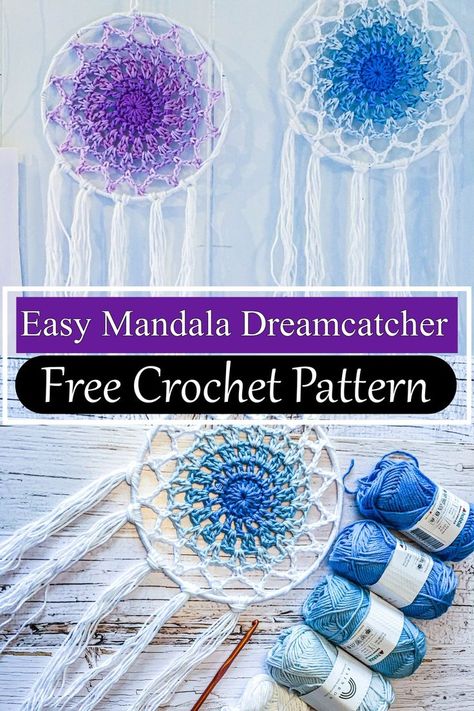 Easy Mandala Dreamcatcher Easy Crochet Mandala, Dreamcatcher Patterns, Crochet Dreamcatcher Pattern Free, Crochet Dreamcatcher Pattern, Crochet Dream Catcher, Mandala Dreamcatcher, Crochet Craft Fair, Dream Catcher Patterns, Crochet Christmas Wreath