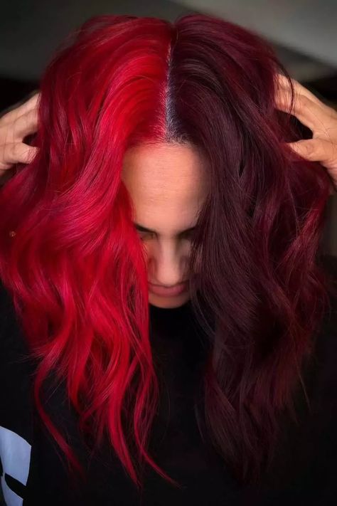 Color Blocking Hair, Color Block Hair, Red Hair Looks, 2024 Hair Color, Sunset Hair, Split Dyed Hair, Dyed Red Hair, Dark Red Hair, Bright Red Hair