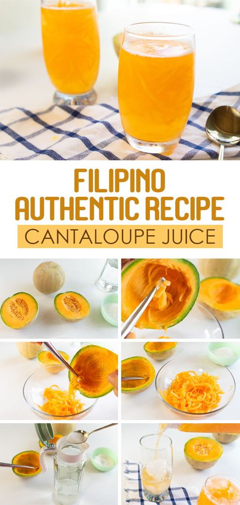 Cantaloupe juice or Persian melon juice is a great tasting, refreshing summer drink that is popular in tropical countries like the Philippines. It is slightly sweet, soft, and quenches your thirst. Make this tropical, Filipino juice with just a few easy steps! . . . . #easy #recipes #filipinorecipes #filipinovegetarianrecipes #summer #drinks #benefits Melon Juice Filipino, Filipino Cantaloupe Drink, Melon Drink Recipes, Filipino Drinks, Cantaloupe Juice Recipes, Cantaloupe Drink, Melon Juice Recipe, Cantaloupe Juice, Drinks Refreshing