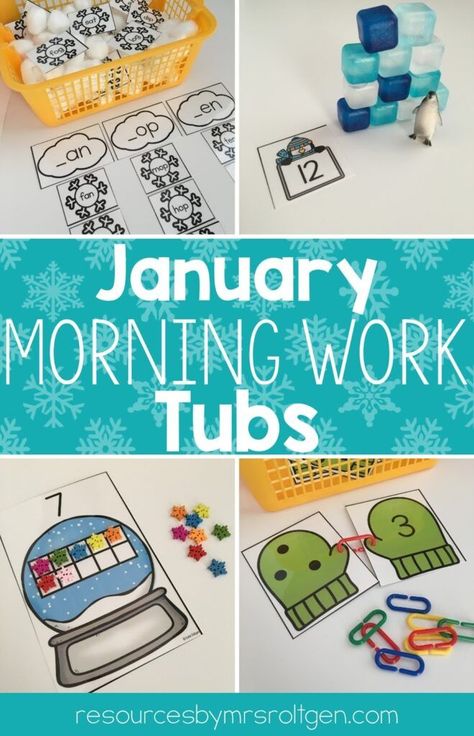 Your kindergarten students will be so excited to come to school to begin a new year with these fun, interactive morning work tubs! With over 20 activities to choose from, your students can practice winter-themed math, literacy, fine motor development, social skills, and more. Kindergarten morning work tubs are also a wonderful way to introduce, review, and remediate different content areas and skills in your primary classroom. Winter Morning Tubs Preschool, Morning Tubs Preschool, Tub Activities, January Morning Work, Morning Boxes, Kindergarten January, Winter Homeschool, January Preschool, January Kindergarten