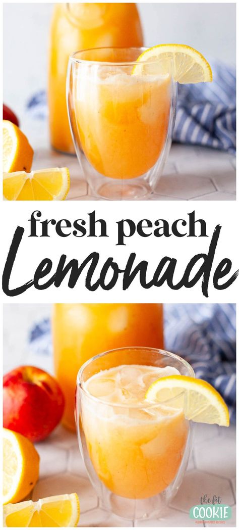 Kick back this summer with a refreshing glass of fresh peach lemonade over ice. Our peach lemonade tastes amazing and is made with simple ingredients and fresh lemons and peaches. | thefitcookie.com Peach Lemonade, Peach Puree, Vegan Drinks, Peach Juice, Easy Drinks, Peach Recipe, Grilled Veggies, Lemonade Recipes, Eating Recipes