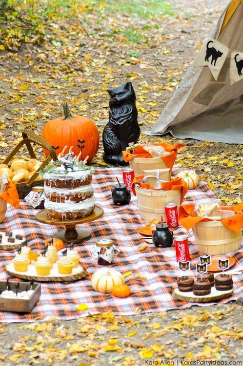 Halloween Black Cat Picnic by Kara's Party Ideas | Kara Allen… Spooky Picnic Ideas, Halloween Picnic Ideas, Spooky Picnic, Fall Picnic Ideas, Cat Picnic, Black Cat Party, Halloween Picnic, Woodland Picnic, Halloween Date