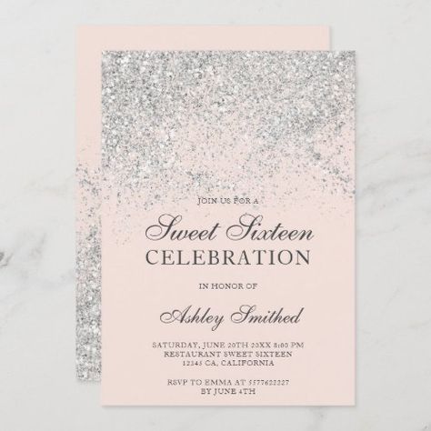 Invitations Quinceanera, Glitter Blush, Sweet Sixteen Birthday Invitations, Silver Invitation, Chic Birthday, 16th Birthday Invitations, Sweet Sixteen Invitations, Mermaid Birthday Invitations, 40th Birthday Invitations