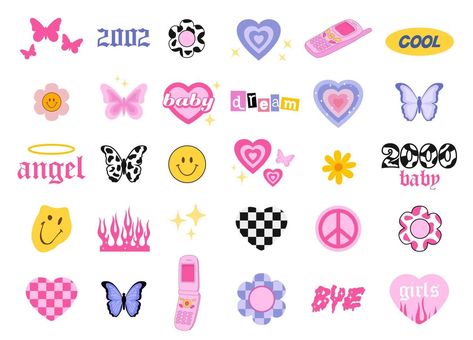 Y2k style icons. Glamorous trendy doodles set. 90s and 2000s style. Vector Creative Collage Ideas, 2000s Icons, Y2k Stickers, Y2k Icons, Fashion Vector, 2000s Style, Drawing Quotes, Easy Doodles Drawings, Tattoo Flash Art