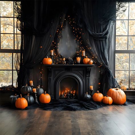 Eclectic Interior Design Vintage, Halloween Fireplace, Backdrop Stands, Fall Fireplace, Black Fireplace, Custom Backdrops, Halloween Backdrop, Elegant Halloween, Mystery Party