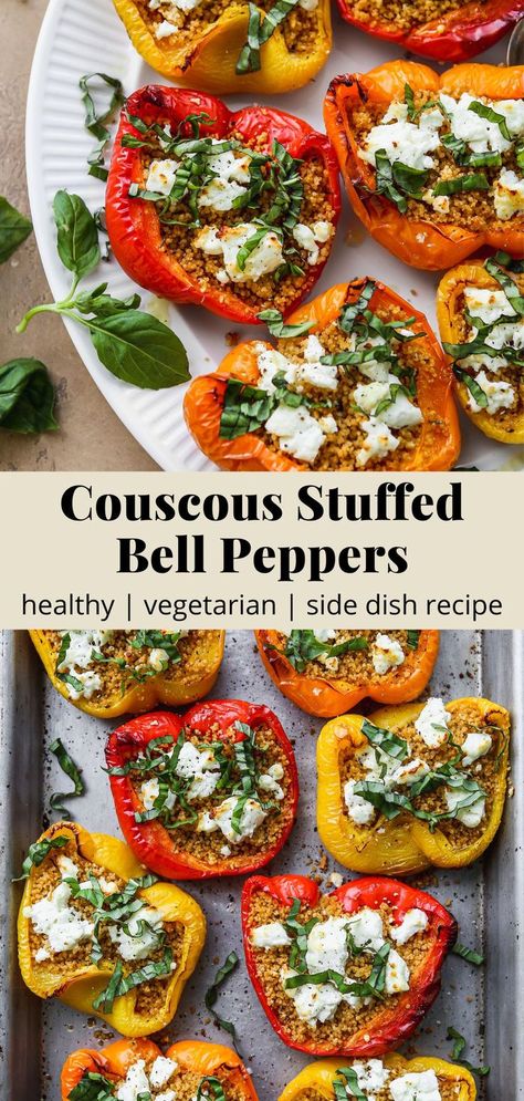 Vegetarian couscous stuffed bell peppers with goat cheese and basil. Stuffed Peppers Vegetarian, Vegetarian Couscous, Couscous Stuffed Peppers, Vegetarian Side Dish Recipes, Baked Peppers, Vegetarian Stuffed Peppers, Vegetable Side Dishes Healthy, Vegetable Side Dish, Couscous Recipes