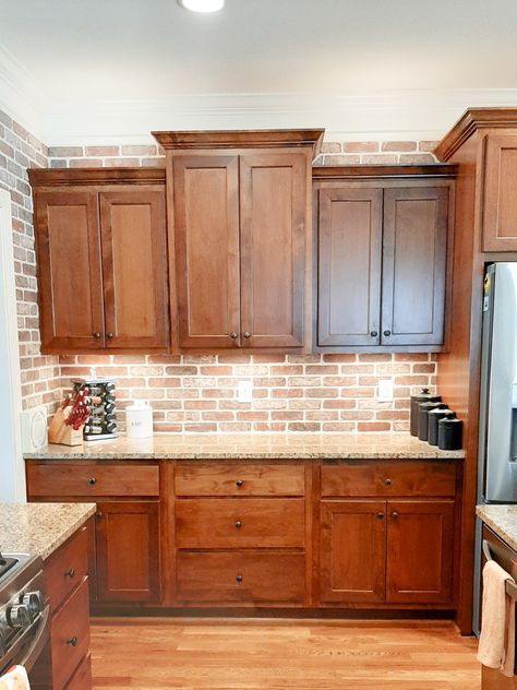 Backsplash Ideas For Wood Cabinets, Brick Backsplash With Wood Cabinets, Brick Look Backsplash, Brick And Wood Kitchen, Red Brick Backsplash, Brick Tile Backsplash Kitchen, Kitchen Backsplash Brick, Brick Back Splash, Brick Backsplash With Dark Cabinets