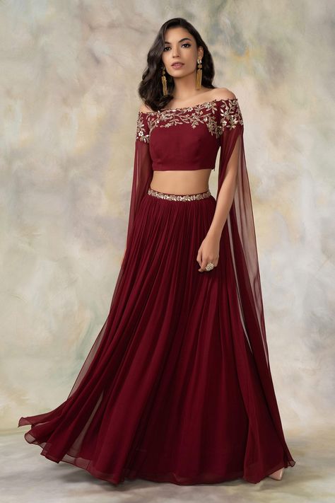 Shop for Pooja Peshoria Maroon Georgette Lehenga With Off Shoulder Crop Top for Women Online at Aza Fashions Off Shoulder Lehenga, Modern Lehenga, Lehenga Top, Lehenga Crop Top, Crop Top Lehenga, Simple Lehenga, Indian Outfits Lehenga, Lehenga Designs Simple, Stylish Crop Top