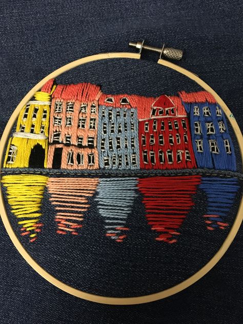 Greece Embroidery, Iceland Embroidery, Estonia Aesthetic, Building Embroidery, Embroidery On Jeans, City Embroidery Patterns, Embroidered Scenery, Goth Embroidery, City Embroidery