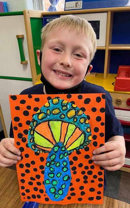 Yayoi Kusama Art Lesson, Line Art Lesson, Yayoi Kusama Art, Kusama Art, Mushrooms Art, Yayoi Kusama Pumpkin, Art Fundraiser, Kindergarten Art Lessons, Art Lessons For Kids