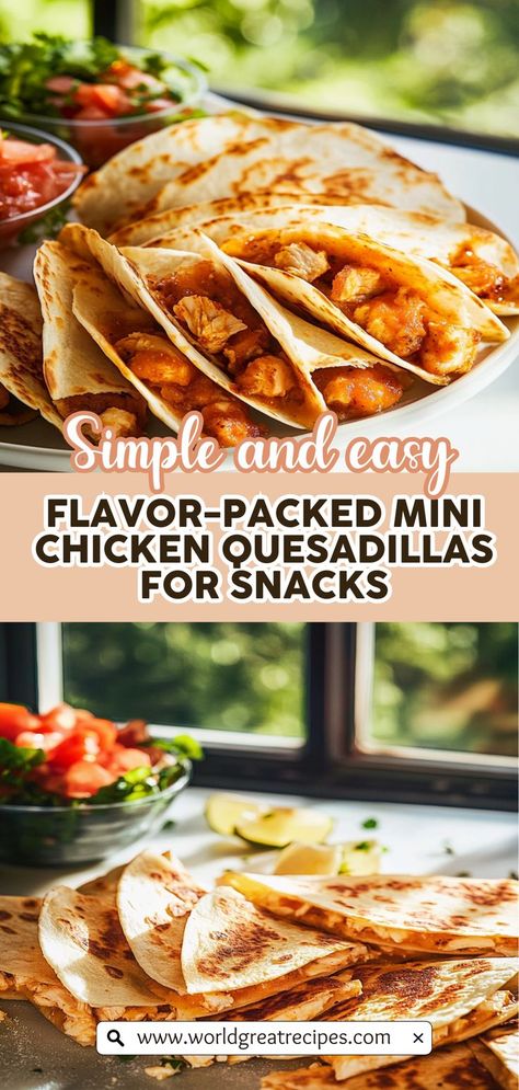 Discover the magic of Quick and Easy Mini Chicken Quesadillas! This recipe transforms simple ingredients into delicious, bite-sized appetizers that everyone will love. With tender chicken, melted cheese, and colorful veggies enveloped in soft tortillas, these quesadillas are not only tasty but also a breeze to prepare. Perfect for a busy weeknight or as a snack for unexpected guests, these mini delights are sure to satisfy your cravings while being easy on your schedule. Mini Chicken Quesadillas, Easy Chicken Quesadilla, Easy Chicken Quesadilla Recipe, Chicken Quesadillas Recipe, Quick Easy Family Meals, Soft Tortillas, Chicken Quesadilla Recipe, Leftover Rotisserie, Quesadilla Recipe