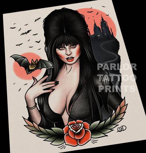 Elvira Tattoo, Flash Art Tattoos, 2016 Tattoo, Tattoo Birds, Art Flash, Elvira Mistress Of The Dark, Traditional Flash, Metal Tattoo, Flash Tattoos