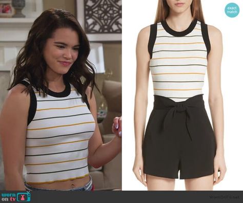 Alexa’s white striped sleeveless top on Alexa Alexa And Kate Outfits, Alexa Mendoza Outfits, Alexa And Katie Outfits, Alexa Mendoza, Sleeveless Top Outfit, Alexa And Katie, Paris Berelc, Tv Clothes, Alexa & Katie