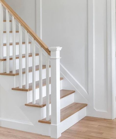 Cottage Railings For Stairs, Stairs Balustrade Ideas, White Stairs With Wood Top, White And Wood Railing, White Wood Stair Railing, White Stair Spindles, Wood And White Stair Railing, White Stair Banister, Banister Color Ideas