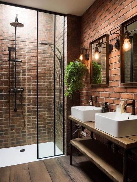 Brick Exposed Wall Interiors, Brick Tile Shower Wall, Bathrooms With Brick Walls, Brick Shower Ideas, Brick Tile Bathroom Floor, Brick Shower Tile, Brick Tile Bathroom, Bathroom With Brick Wall, Bathroom Brick Wall