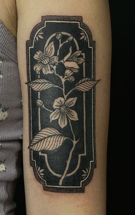 Black Work Tattoos For Women, Polish Art Tattoo, Art Nouveau Shoulder Tattoo, Goth Botanical Tattoo, Feminine Dark Tattoos, Large Dark Tattoo Cover Up, Large Plant Tattoo, Goth Fine Line Tattoo, Black And White Cover Up Tattoo