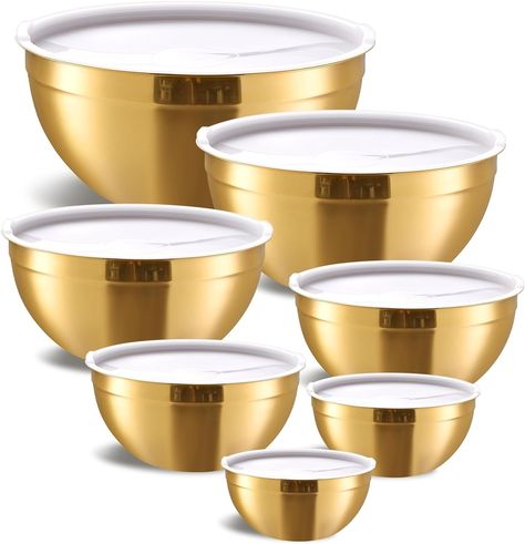 Amazon.com: Moxinox Gold Mixing Bowls with Airtight Lids, Stainless Steel Nesting Mixing Bowls Set of 7, Ideal for Baking, Prepping and Serving Food, Size 7, 3.6, 2.7, 2.1, 1.5, 1.1,0.8 QT, Stackable Design: Home & Kitchen Mixing Bowls With Lids, Metal Mixing, Gold Kitchen Accessories, Bowls With Lids, Quick Salads, Stainless Steel Mixing Bowls, Metal Bowl, Gold Kitchen, Mixing Bowls Set