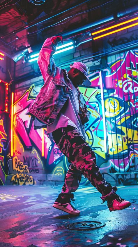 Urban Dance Vibe: A dynamic dancer shows off impressive moves against a vibrant graffiti backdrop in a street setting. #urban #dance #graffiti #neon #street #aiart #aiphoto #stockcake ⬇️ Download and 📝 Prompt 👉 https://ayr.app/l/MLX9 Urban Street Art Graffiti Artworks, Street Dance Aesthetic, Hip Hop Dance Photography, Street Dance Photography, Dance Graffiti, Graffiti Photoshoot, Neon Backdrop, Graffiti Backdrop, Neon Street