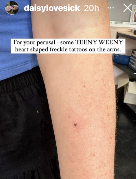 Tiny Heart Freckle Tattoo, Freckle Tattoo Ideas, Delicate Piercings, Heart Freckle Tattoo, Freckle Tattoo, Tattooed Freckles, Little Heart Tattoos, Tiny Tats, Dragonfly Tattoo Design