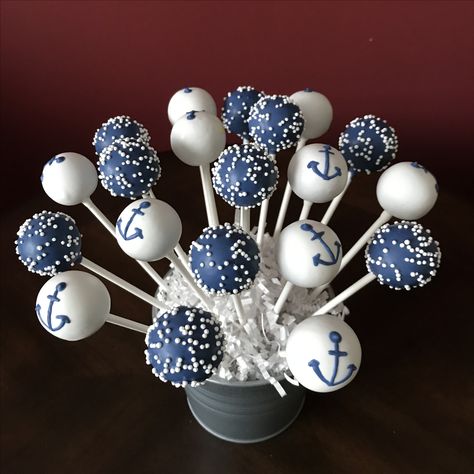 Navy Cake Pops, Nautical Desserts, Nautical Cake Pops, Sailor Cake, Anchor Cakes, Nautical Baby Shower Boy, Navy Cakes, Themed Cake Pops, Nautical Bridal Showers