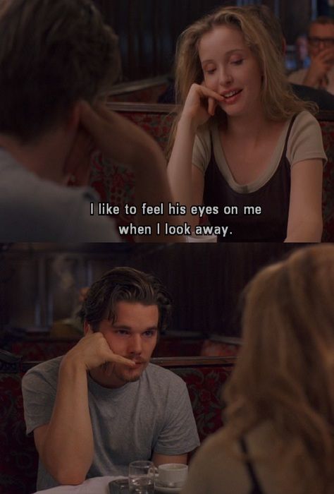 i like feel his eyes on me when i look away Before Trilogy, Julie Delpy, Cinema Quotes, Series Quotes, Septième Art, Eyes On Me, I Love Cinema, Movie Lines, Before Midnight