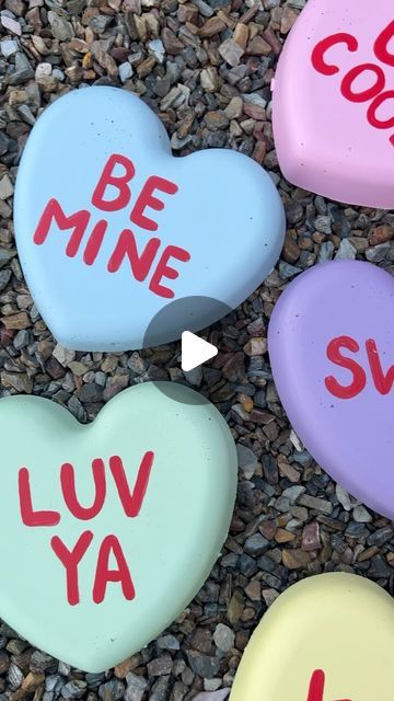 Heart Stepping Stones, Giant Conversation Hearts, Candy Heart Decor, Diy Candy Hearts Decor, Diy Large Conversation Hearts, Valentines Porch, Conversation Hearts Decorations, Anti Valentines Day Candy Hearts, Crafts Valentines