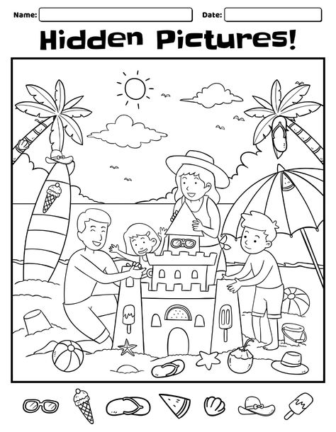 beach hidden pictures printable - Pesquisa Google Worksheet For Preschoolers, Hidden Pictures Printables, Hidden Picture Games, Hidden Picture Puzzles, Beach Coloring Pages, Visual Perception Activities, Mario Coloring Pages, Hidden Object Games, Hidden Images