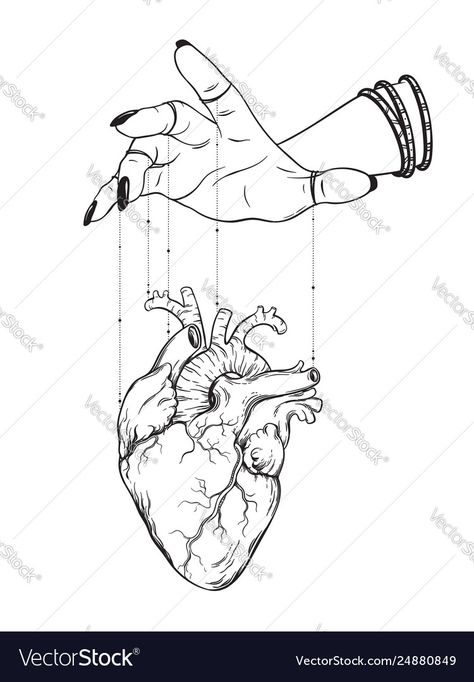 Puppet Master Hands, Hand Holding Puppet Strings Drawing, Marionette Hands Drawing, Puppet Hand Tattoo, Hand Crushing Heart Drawing, Puppet Hands Drawing, Hand Squeezing Heart Drawing, Hart Draw, Puppet Master Tattoo