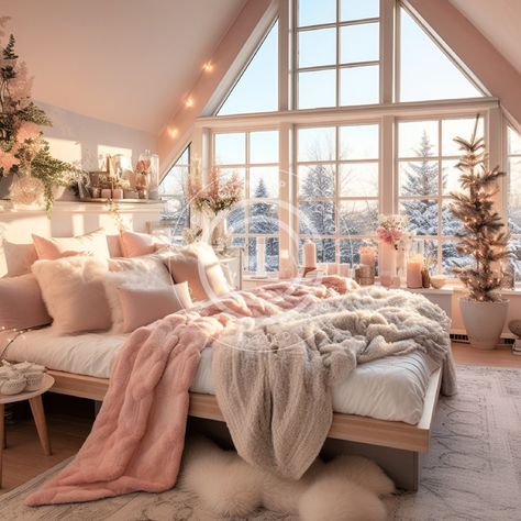 This wonderful cozy pink Christmas bedroom stock image/multi-use mockup photo features a soft pastel holiday aesthetic with pink & white decor. Perfect for content creators or to place your products into for mockups.  Vibe: Pink, Pastel, French Country, Cozy, Warm, Country, Classic, Pretty, Cottagecore, Festive, Christmas, Holiday THIS IMAGE IS ALSO AVAILABLE IN THESE BUNDLES: + Our 'Full House' Pink & White Holiday Home Bundle of 72 images:  https://ccmockupfactory.etsy.com/listing/1583930995/pink-christmas-mockup-bundle-set-of-72  + Our bundle of 12 Cozy Pink & White Bedrooms here: https://ccmockupfactory.etsy.com/listing/1583320853/holiday-mockup-photo-bundle-set-of-12 The perfect vessel to showcase your brand! Our mockups/stock images are simple to use - just add your graphic, make any Room Decor Soft Aesthetic, Bedroom Inspirations Light Pink, Cute House Bedroom, Cute Room Inspo Pink, Classy Bedroom Pink, Pastel Home Ideas, Bedroom Aesthetic Background, Cute Pastel Bedroom Ideas, Pink Scandinavian Bedroom