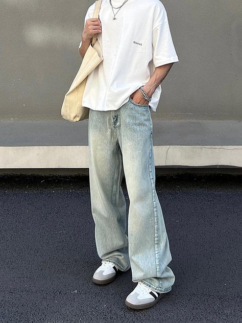 fb-feed Oversized Denim Pants, Wide Leg Jeans Men, Korean Streetwear, Y2k Men, Baggy Y2k, Streetwear Men, Light Blue Jeans, Pant Length, Men Model