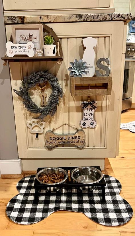 Cute Dog Area In Apartment, Farmhouse Dog Area, Dog Bowl Area In Kitchen, Dogs Apartment Living, Dog Eating Area Decor, Dog Shelf Ideas, Diy Dog Closet Ideas, Dog Area Decor Ideas, Dog Food Corner Ideas