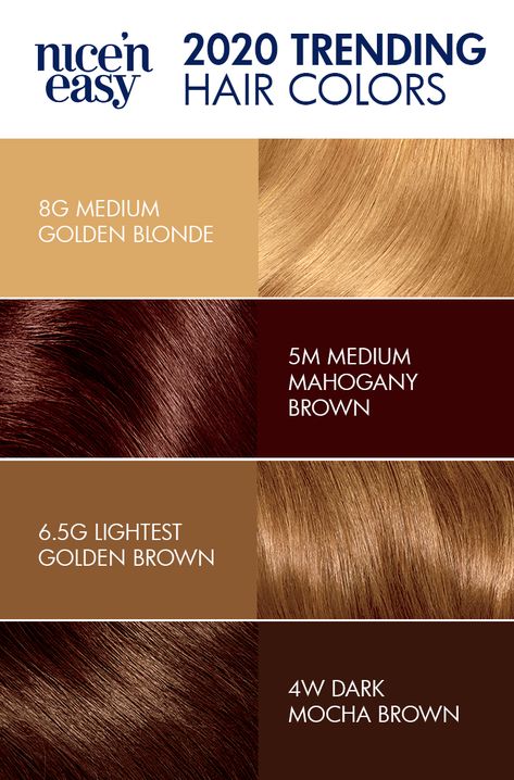 Get ready for Fall season! 🍂🍁 Here are our Nice ‘n Easy 2020 Trending Hair colors: 8G Medium Golden Blonde 5M Medium Mahogany Brown 6.5G Lightest Golden Brown 4W Dark Mocha Brown Check them out at clairol.com! Medium Golden Blonde, Honey Strawberry, Trending Hair Colors, Box Hair Dye, Brunette Hair Color With Highlights, Hair Shedding Remedies, Easy Hair Color, Golden Brown Hair Color, Natural Hair Growth Remedies