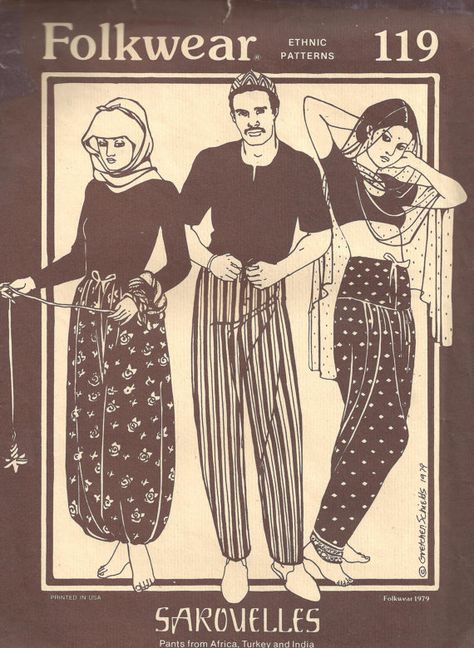 folkwear patterns | Vintage Folkwear Ethnic Patterns Sarouelles Pants from Africa Turkey ... Indian Pants, African Pants, Belly Dance Bra, India Pattern, Pants Sewing Pattern, Ethnic Patterns, Yoga For Men, Sewing Pattern Sizes, Pants Design