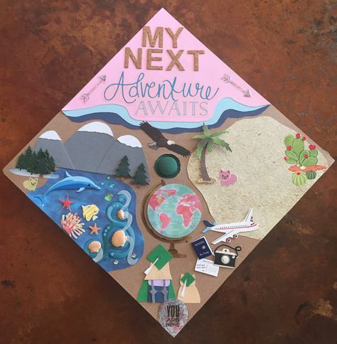 Onto The Next Adventure Grad Cap, Adventure Awaits Graduation Party Theme, On To My Next Adventure Grad Cap, Travel Grad Cap, Graduation Cap Decoration Diy, High School Graduation Cap, Senior Stuff, Grad Cap Designs, Graduation Party Themes