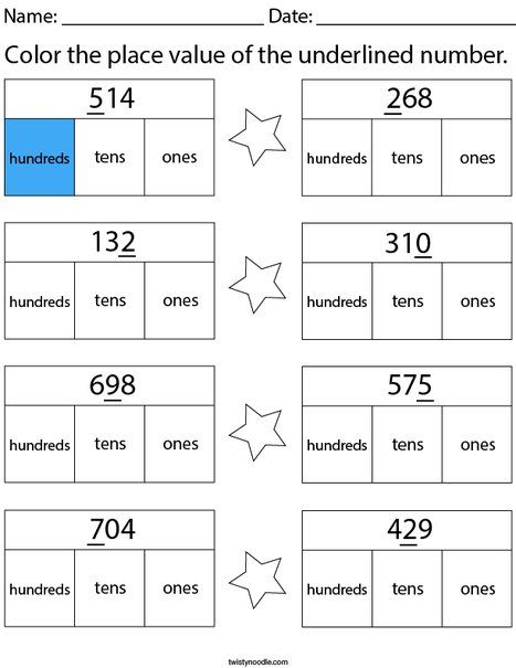 Color the place value of the underlined number- 3 digit Math Worksheet - Twisty Noodle Grade 2 Place Value Activities, Place Value 3 Digit Numbers, Place Value And Value Worksheets, Number Place Value Worksheets, 3 Digit Numbers 2nd Grade, Place Value 3 Digit Numbers Worksheets, Place Values Worksheets, 3 Digit Place Value 2nd Grade, Place Value For Grade 1