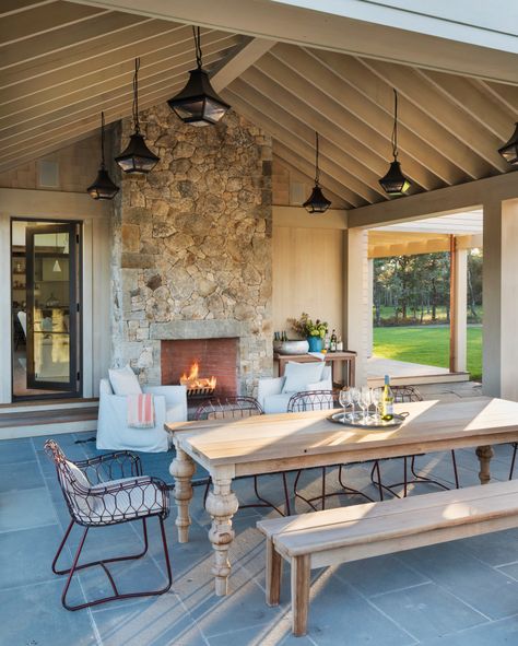 The Grange - Farmhouse - Patio - Boston - by Hutker Architects | Houzz Hutker Architects, Modern English Farmhouse, Herringbone Brick Floor, Patio Farmhouse, Patio Areas, Porch Design Ideas, Farmhouse Patio, Porch Addition, Concrete Fireplace