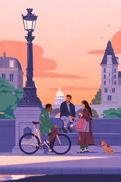 The stunning Designstudio has accompanied the newly developed visual identity for Eurostar. They asked Fagostudio to work on several illustrations from ambient and people in the heart of Paris. Capturing the nuances and details of everyday life in the city, with highlights on nature and local viewpoints. Three illustrations for use across the digital and print campaign. Enjoy them! 😊 2024 Sketchbook, Editorial Illustration Magazine, Beautiful Cinematography, Paris Illustration, Color Script, Lifestyle Illustration, City Illustration, Green City, Sketchbook Ideas